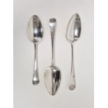 Three George III silver serving spoons, each engraved with initials 'WME', hallmarked London 1808,