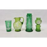 Group of late 19th century green-tinted Mary Gregory style glass, including: a tapering conical vase