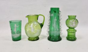 Group of late 19th century green-tinted Mary Gregory style glass, including: a tapering conical vase