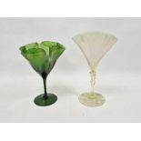 Loetz-style Art Nouveau green lustred frilled footed vase and a vaseline glass vase similar, the