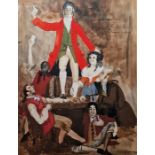 Unattributed Watercolour drawing "She Stoops to Conquer ...", theatrical scene with figures in a