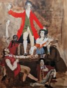 Unattributed Watercolour drawing "She Stoops to Conquer ...", theatrical scene with figures in a