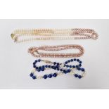 Short pink cultured pearl necklace and a freshwater pearl and lapis lazuli necklace (2)
