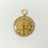 Rolled gold open-faced pocket watch with Roman numerals to the gold-coloured dial, centred by