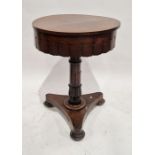 Regency rosewood lift-up teapoy, on carved column support and tripod base, 55cm diameter