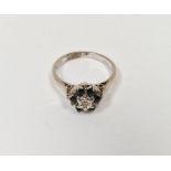 18ct white gold, sapphire and diamond cluster ring, set central, small illusion-set diamond