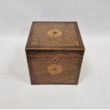 19th century cuboid mahogany inlaid and strung two partition tea caddy, 13cm each side Condition