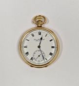 18ct gold cased open face pocket watch, the enamel dial with Roman numerals denoting hours,
