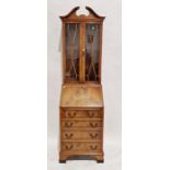 Reproduction burr wood veneer bureau bookcase by Bevan furniture, the two door glazed top over a