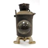 Old black metal railway lamp, double-sided with convex glass, swing handle, 44cm high