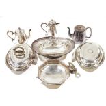Assortment of silver plated wares, to include a swing handled fruit basket, tea pots, lidded tureens