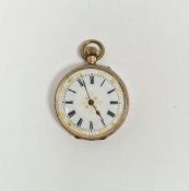 9ct gold lady's fob watch, the circular enamel dial with Roman numerals denoting hours, the case