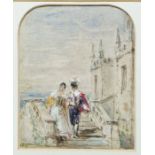 David Cox, JR. (1809-1885) Watercolour and pencil Romantic figures on a stairway, signed lower left,