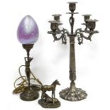 Revived Art Nouveau-style figural table lamp with female nude stretching and the lilac lustre