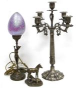 Revived Art Nouveau-style figural table lamp with female nude stretching and the lilac lustre