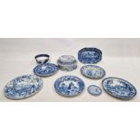Staffordshire printed blue and white pearlware desk set and cover, circa 1820, together with various