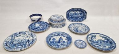 Staffordshire printed blue and white pearlware desk set and cover, circa 1820, together with various