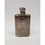 Late Victorian silver spirit flask, crest engraved, rectangular and slightly curved with hinged cap,