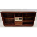20th century low mahogany bookcase with four fitted shelves, two small drawers and a fitted