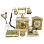 Italian green onyx metal clock, onyx desk stand, similar cigarette box and table lighter, an onyx