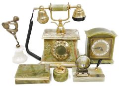 Italian green onyx metal clock, onyx desk stand, similar cigarette box and table lighter, an onyx