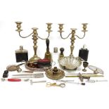 Quantity of sundry brass and other metalware to include spirit flasks, candelabra, candlesticks,