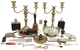 Quantity of sundry brass and other metalware to include spirit flasks, candelabra, candlesticks,