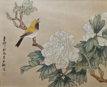 Pair of Japanese prints of a bird on branch heightened with bodycolour, framed and glazed, 23.5cm