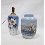 Royal Copenhagen vase and cover painted with a maritime scene and an oviform lamp base, 20th