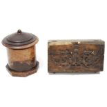 19th century lignum vitae treen string box, cylindrical and turned, on octagonal base, 20cm high and