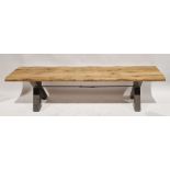 Modern oak plank topped bench raised on a two-section metal X-frame, 47cm high x 180cm wide x 41cm