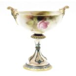 Early 20th century Royal Worcester two-handled footed pedestal dish, printed green marks, H and