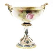 Early 20th century Royal Worcester two-handled footed pedestal dish, printed green marks, H and