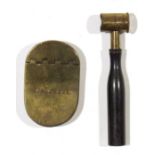 Old wooden-handled brass powder measure and a brass pocket snuffbox, rounded oblong and slightly