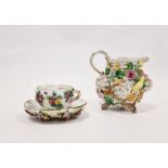 Late 19th Century Meissen Schneeballen milk-jug and a flower encrusted teacup and saucer, blue