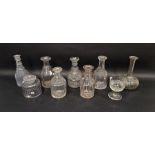 Group of Regency and later 19th century cut glass decanters and a tea caddy and cover,  the caddy of