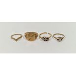 Gent's gold signet ring (damaged), an 18ct gold and small diamond dress ring, a 9ct gold and white