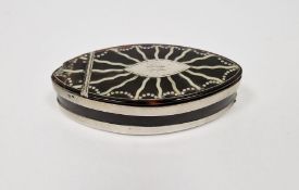 George III silver and tortoiseshell pique inlaid snuff box of navette form, hinged lid, silver