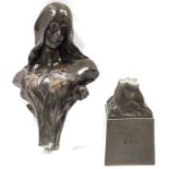 Bronze-finish Art Nouveau bust by G Schoeman 'Ethne', 21cm high (the column snapped at base)