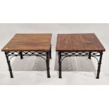 Pair of modern rectangular polished wood occasional tables, each on iron cluster supports, 46cm high