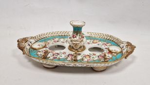 Mid-19th century Staffordshire porcelain turquoise-ground desk set, with pierced oval two-handled