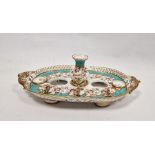 Mid-19th century Staffordshire porcelain turquoise-ground desk set, with pierced oval two-handled