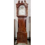 19th century mahogany cased longcase clock, the broken arch painted face is colourfully decorated