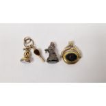 Victorian silver and bloodstone set seal with dog's head handle, stone set watch key and two other