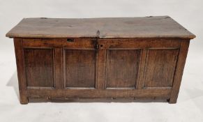 18th century oak coffer of rectangular form with iron clasp to front, incised 1671, 61cm high x
