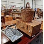 Fortnum & Mason wicker hamper, a tall woven basket and a blue woven basket trug and a gentlemans