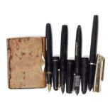 Swan fountain pen with 14ct gold nib, three others and a burrwood cigarette case with gold-