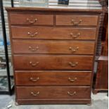 Large mahogany chest of two short and five long graduated drawers with brass drop handles, 138cm