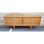 Jentique teak sideboard, with twin central cupboard doors flanked by single fallfront compartment