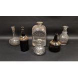 Large 19th century square section clear cut-glass decanter, three smaller carafes/decanters, 27cm